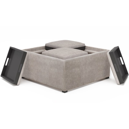 Simpli Home Avalon 35" Square Faux Leather Storage Coffee Table Ottoman in Gray
