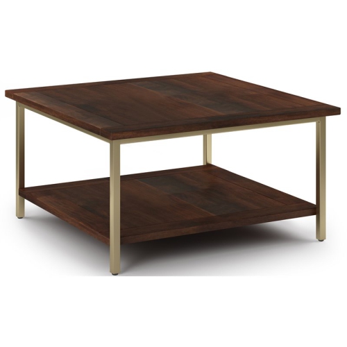 Simpli Home Skyler Mango Wood and Metal 34" Square Industrial Coffee Table in Dark Brown - Gold
