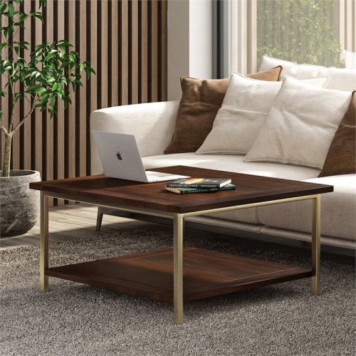 Simpli Home Skyler Mango Wood and Metal 34" Square Industrial Coffee Table in Dark Brown - Gold
