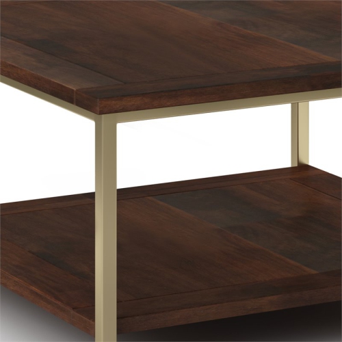 Simpli Home Skyler Mango Wood and Metal 34" Square Industrial Coffee Table in Dark Brown - Gold