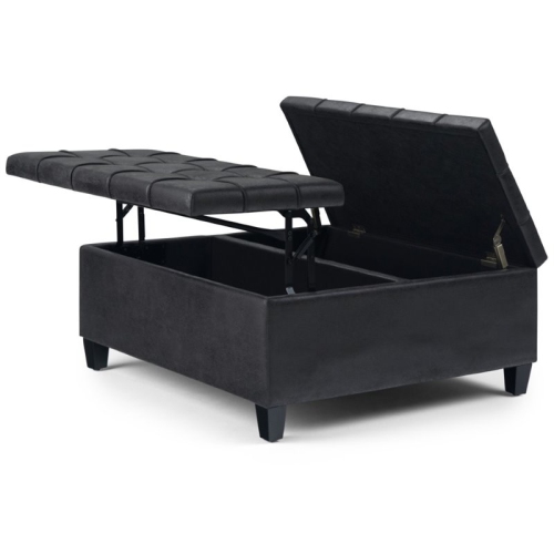 Simpli Home Harrison 36" Transitional Square Coffee Table Ottoman in Black Faux Leather