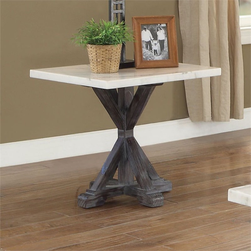 ACME Romina 24" Marble Top End Table in White and Weathered Espresso