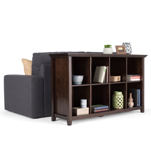 Simpli Home Acadian Wood 57" Transitional 8 Cube Sofa Table in Brunette Brown