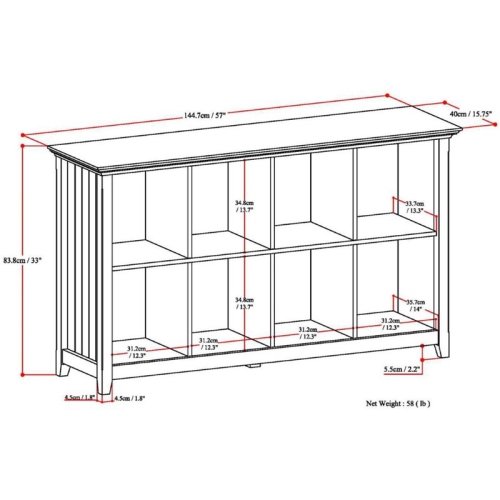 Simpli Home Acadian Wood 57" Transitional 8 Cube Sofa Table in Brunette Brown