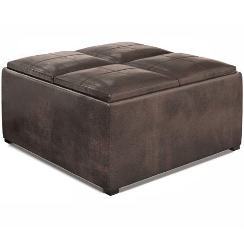 SIMPLI HOME  Avalon 35" Square Faux Leather Coffee Table Ottoman In Brown