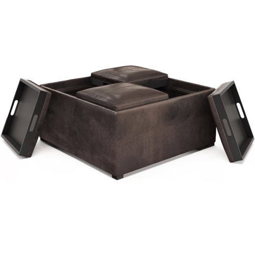 Simpli Home Avalon 35" Square Faux Leather Coffee Table Ottoman in Brown