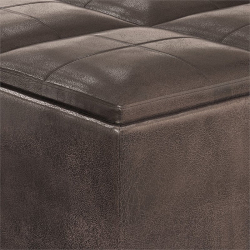 Simpli Home Avalon 35" Square Faux Leather Coffee Table Ottoman in Brown