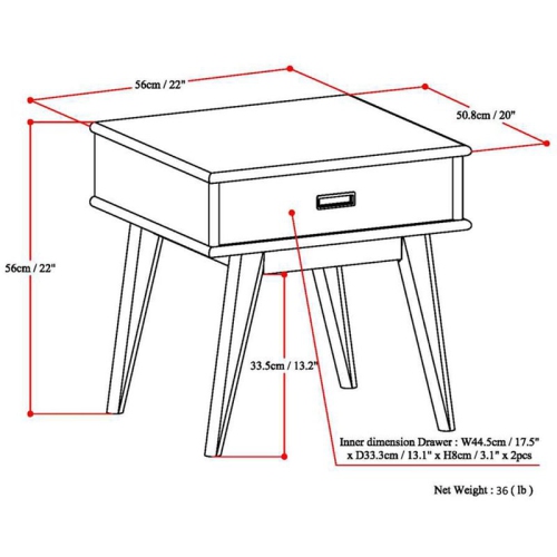 Simpli Home Draper Solid Hardood 22 " Rectangle Mid-Century Modern End Table in Medium Auburn Brown