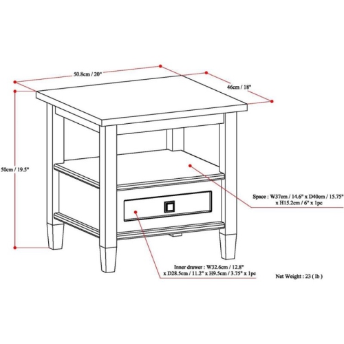 Warm Shaker 20" W SOLID WOOD Rectangle End Table in Distressed Charcoal Brown