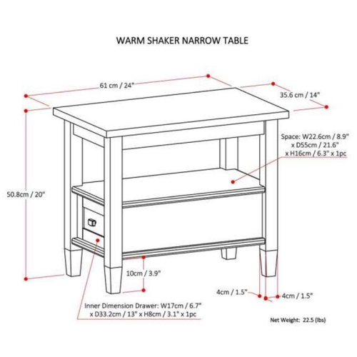 Simpli Home Warm Shaker Wood 14" Rectangle Transitional Narrow Side Table in Light Golden Brown