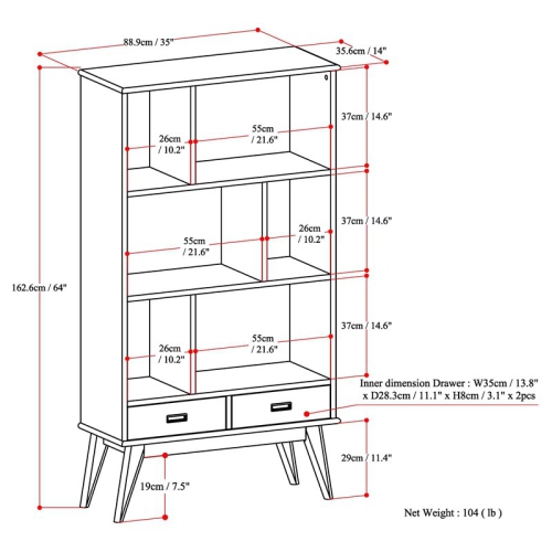 Simpli Home Draper Solid Hardood 64 " x 35 " Mid-Century Modern Bookcase and Storage Unit in White