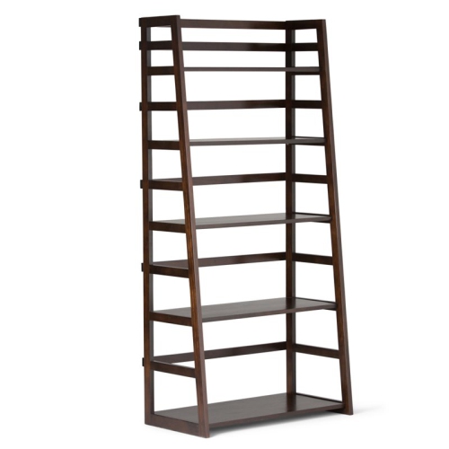 Simpli Home Acadian Wood 63" x 30" Transitional Ladder Shelf Bookcase in Brunette Brown