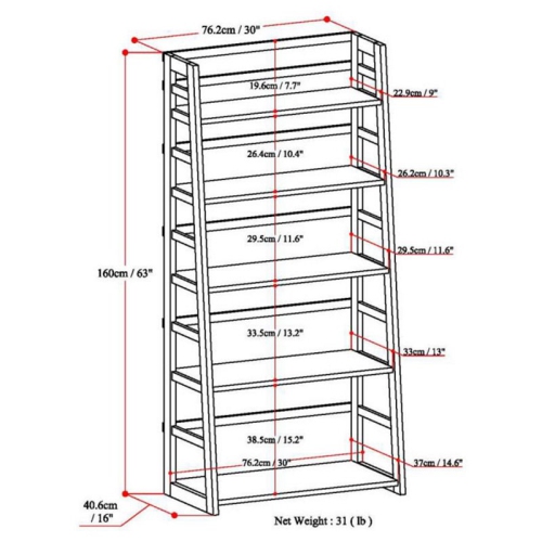 Simpli Home Acadian Wood 63" x 30" Transitional Ladder Shelf Bookcase in Brunette Brown