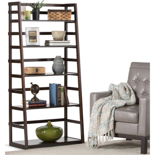 Simpli Home Acadian Wood 63" x 30" Transitional Ladder Shelf Bookcase in Brunette Brown