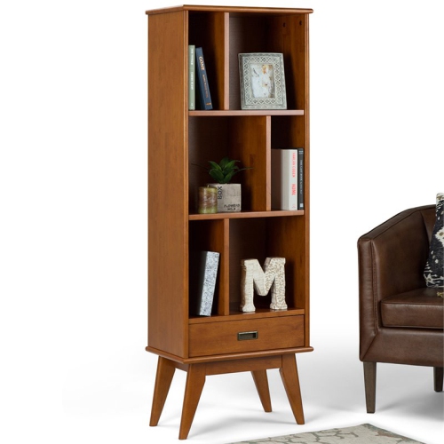 Simpli Home Draper Solid Hardood 64 " x 22 " Mid-Century Modern Bookcase and Storage Unit in Teak Brown