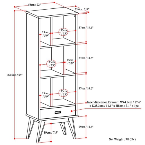 Simpli Home Draper Solid Hardood 64 " x 22 " Mid-Century Modern Bookcase and Storage Unit in Teak Brown