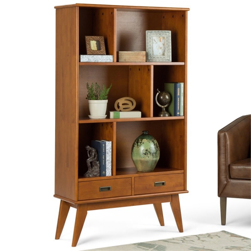 Simpli Home Draper Solid Hardood 64 " x 35 " Mid-Century Modern Bookcase and Storage Unit in Teak Brown