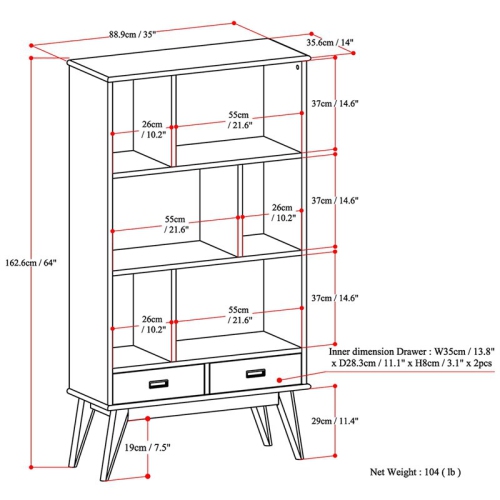 Simpli Home Draper Solid Hardood 64 " x 35 " Mid-Century Modern Bookcase and Storage Unit in Teak Brown