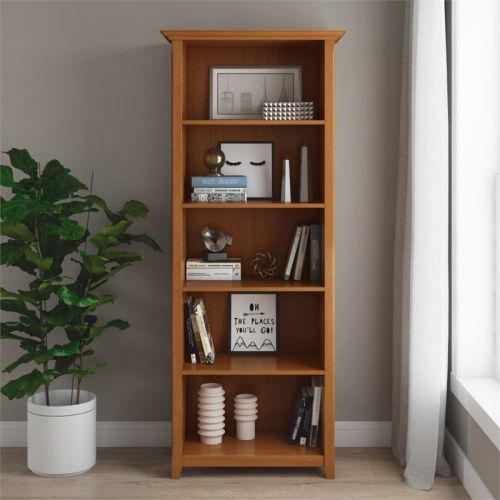 Simpli Home Amherst 5 Shelf Solid Wood Bookcase in Light Golden Brown