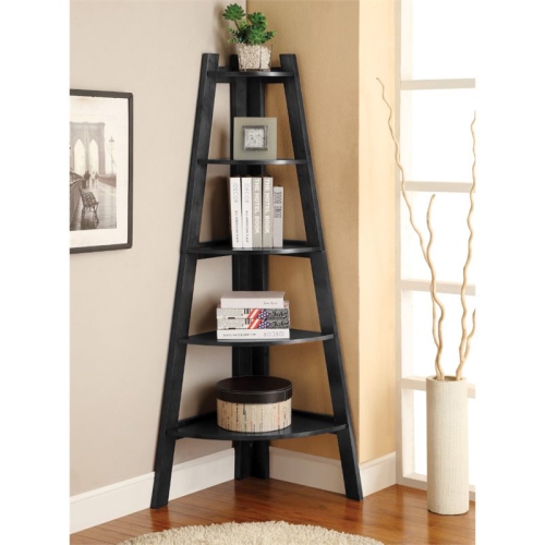 FURNITURE OF AMERICA  Lawler Contemporary Wood 5-Shelf Corner Bookcase In Black