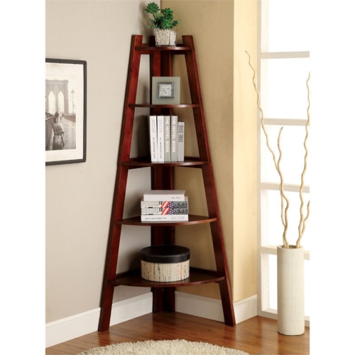 FURNITURE OF AMERICA  Lawler Contemporary Wood 5-Shelf Corner Bookcase In Cherry