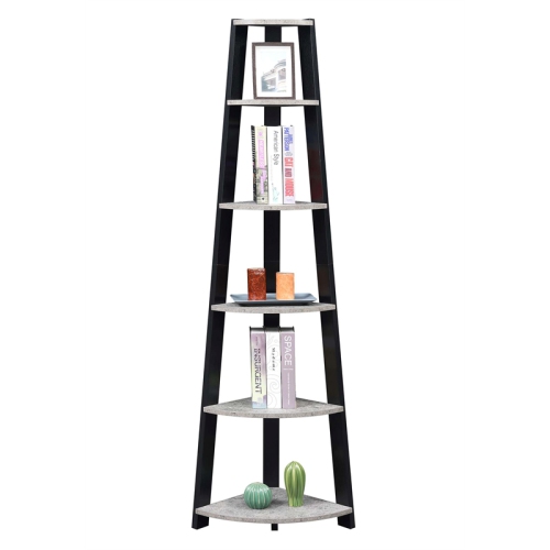 Newport Five-Tier Corner Bookcase in Faux Cement and Black Wood Finish