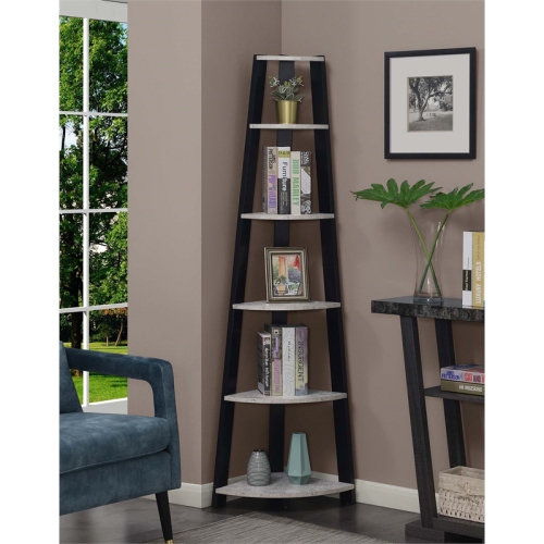 Newport Five-Tier Corner Bookcase in Faux Cement and Black Wood Finish