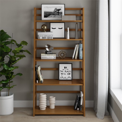 Simpli Home Acadian Wood 63" x 30" Transitional Ladder Shelf Bookcase in Light Golden Brown