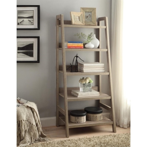 LINON  Tracey Five Shelf Wood Ladder Bookcase In In Gray