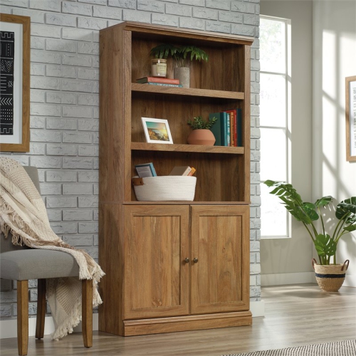 Sauder Misc Storage 3-Shelf 2-Door Tall Wood Bookcase in Sindoori Mango Beige