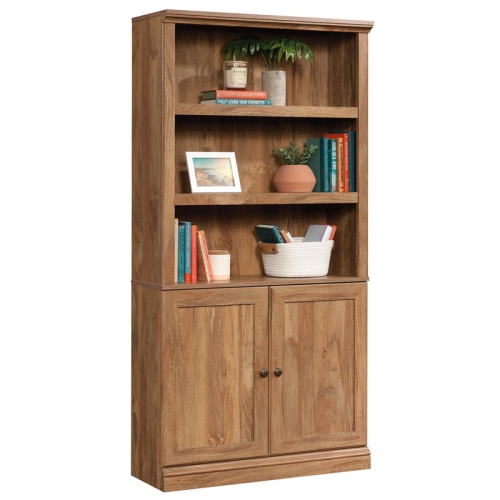 Sauder Misc Storage 3-Shelf 2-Door Tall Wood Bookcase in Sindoori Mango Beige