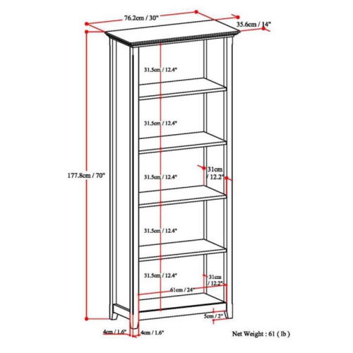 Simpli Home Amherst Solid Wood 70" Tall 5-Shelf Bookcase in Hickory Brown