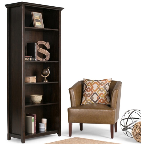 Simpli Home Amherst Solid Wood 70" Tall 5-Shelf Bookcase in Hickory Brown