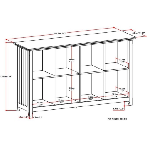 Simpli Home Acadian Wood 8 Cube 57" Sofa Table in Light Golden Brown