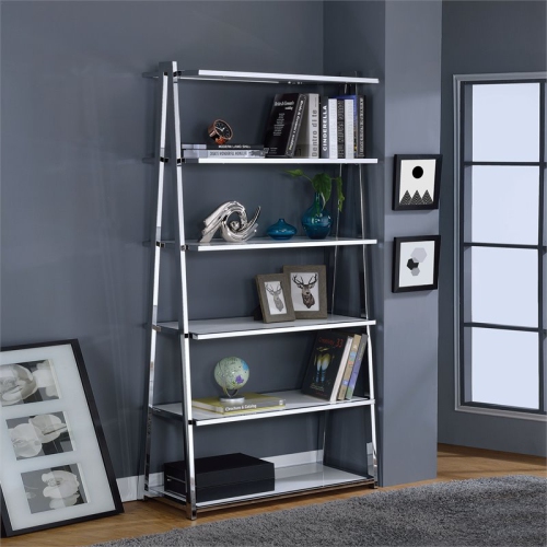 ACME Coleen Leaning Bookcase in White High Gloss and Chrome