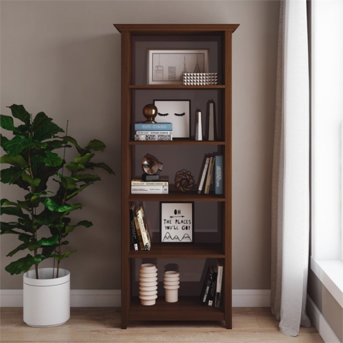 Simpli Home Amherst Solid Wood 5 Shelf Bookcase in Russet Brown