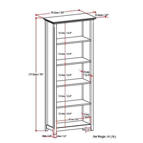 Simpli Home Amherst Solid Wood 5 Shelf Bookcase in Russet Brown