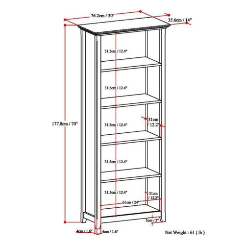 Simpli Home Amherst Solid Wood 70" Tall 5-Shelf Bookcase in White