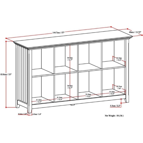 Simpli Home Acadian Wood 33" x 57" Transitional 8 Cube Sofa Table in Gray