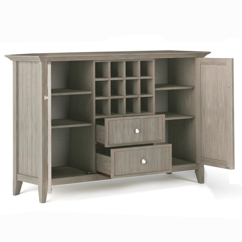 Simpli Home Bedford Wood 54" Transitional Sideboard Buffet and Wine Rack in Gray