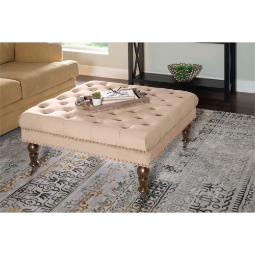 Linon Isabelle Square Tufted Wood Upholstered Ottoman in Tan Brown