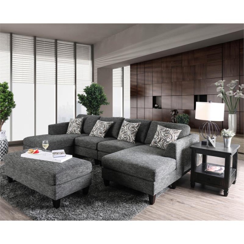 Furniture of America Burcham Transitional Chenille Upholstered Ottoman in Gray