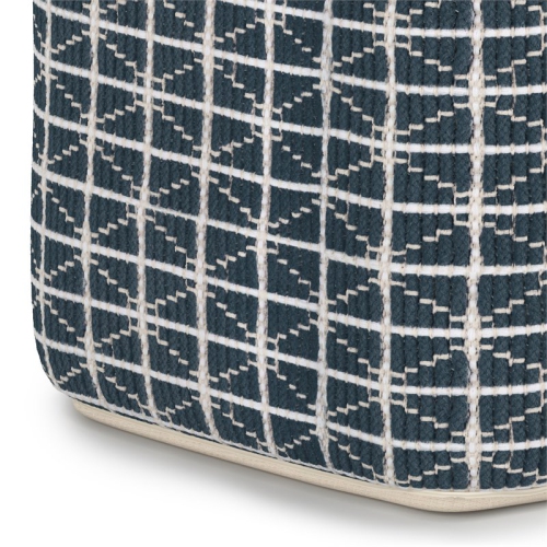 Simpli Home Noreen Boho Square Pouf in Dark Blue and White Handloom Woven Pattern