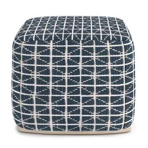 Simpli Home Noreen Boho Square Pouf in Dark Blue and White Handloom Woven Pattern