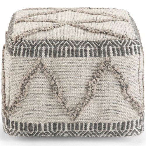 Simpli Home Sweeney Boho Square Pouf in Gray and Natural Handloom Woven Pattern