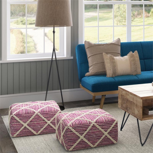 Cowan Contemporary Square Pouf in Magenta and Natural Handloom Woven