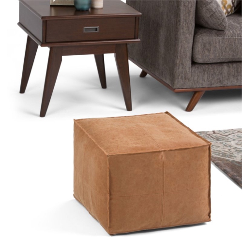 Simpli Home Brody Boho Square Pouf in Distressed Brown Faux Leather