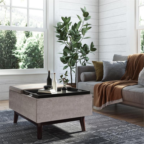 Owen 34 in.W Tray Top Table Storage Ottoman in Distressed Grey Faux Leather