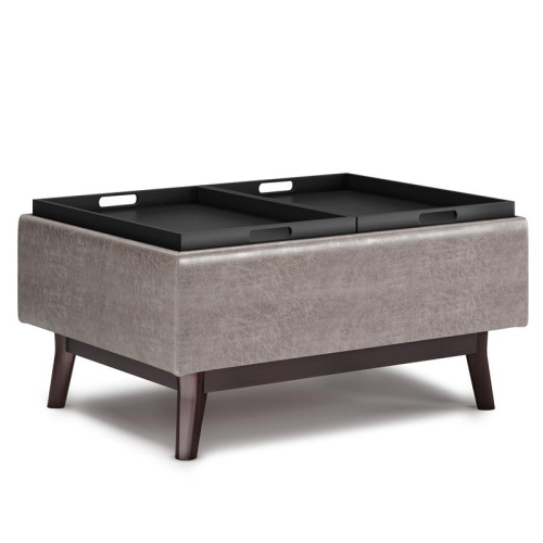 Owen 34 in.W Tray Top Table Storage Ottoman in Distressed Grey Faux Leather