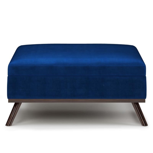 Owen 36 in.W Mid Century Coffee Table Storage Ottoman in Blue Velvet Fabric